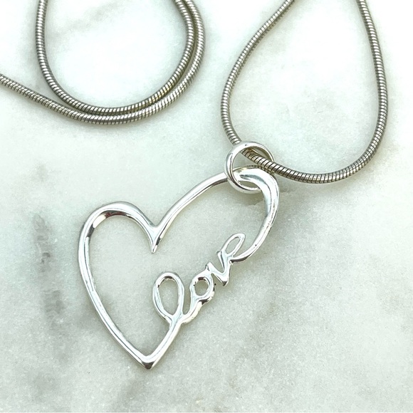Jewelry - Silver Open Floating Heart with Love Script Pendant Necklace | 925 Sterling